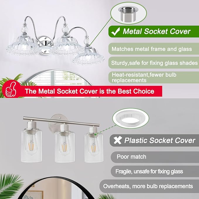 Chrome Bathroom Vanity Light Fixtures 3 Lights Vanity Lights for Bathroom with Floral Crystal Glass Shade Modern Wall Sconce Light for Mirror(Exclude E26 Bulb)