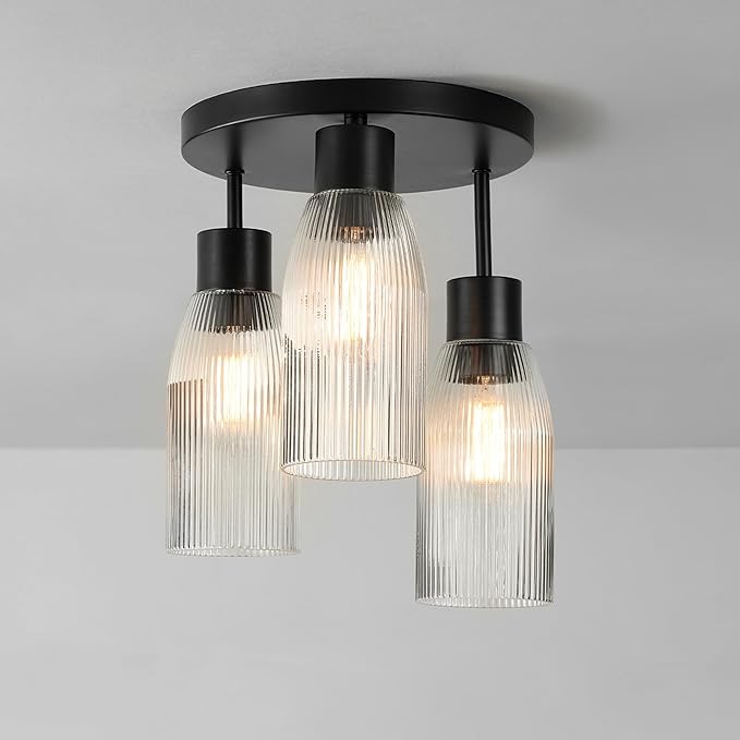 Globe Electric 66000133 3-Light Flush Mount Ceiling Light, Matte Black, Clear Ribbed Glass, Home Improvement, Dining/Kitchen