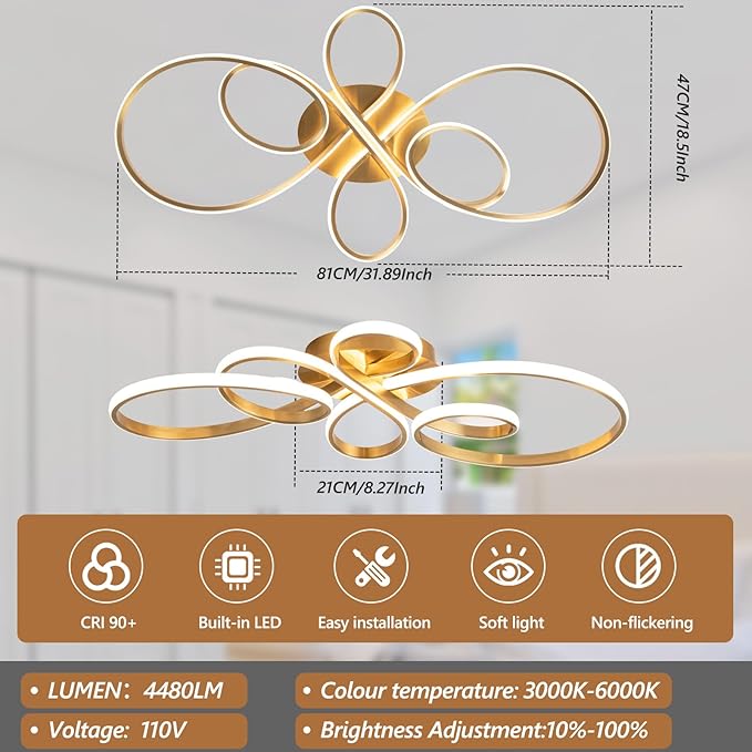 56W Modern LED Ceiling Light, Flower Flush Mount Light Fixture with Remote Control Gold Dimmable Ceiling Lamp for Living Room, Bedroom, Dining Room, Hallway, Kitchen