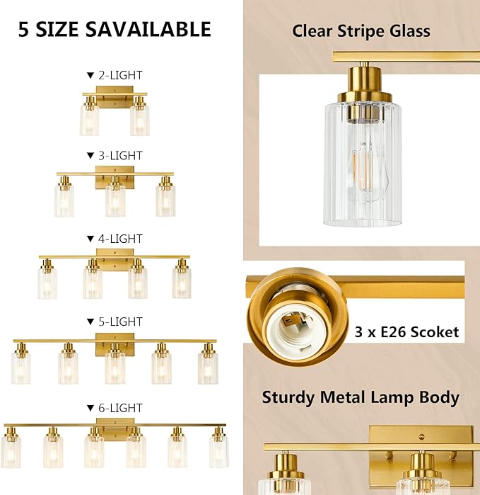 Jonsi 3 Light Brushed Gold Bathroom Vanity Lights with Fluted Glass Shade, Modern Gold Bathroom Lights Over Mirror
