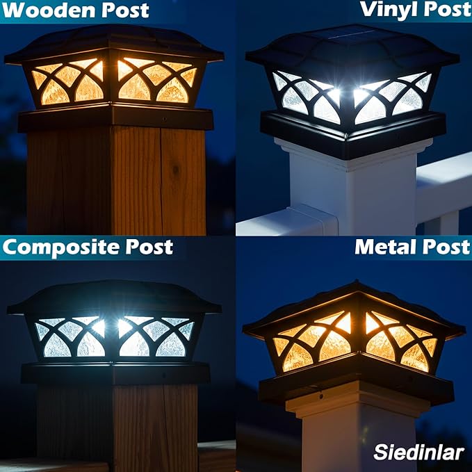 SIEDiNLAR Solar Post Cap Lights Outdoor Glass 2 Color Modes 8 LEDs for 4x4 5x5 6x6 Wooden Vinyl Posts Deck Fence Patio Decoration Warm White & Cool White Lighting Black (10 Pack)