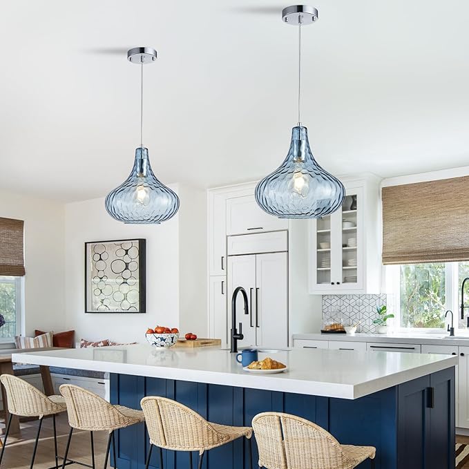 11" Blue Hammered Glass Pendant Light - Brushed Nickel Finish Industrial Ceiling Fixture with Blown Glass for Kitchen Island Dining Room Hallway Living Room