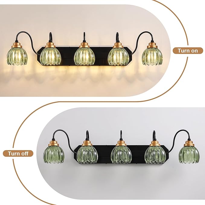 Vintage Bathroom Vanity Light, 5 Light Bathroom Lighting Fixtures Over Mirror, Mid Century Style Farmhouse Light Fixtures with Green Glass Shades, Black Finish Wall Mount for Bedroom , Living Room