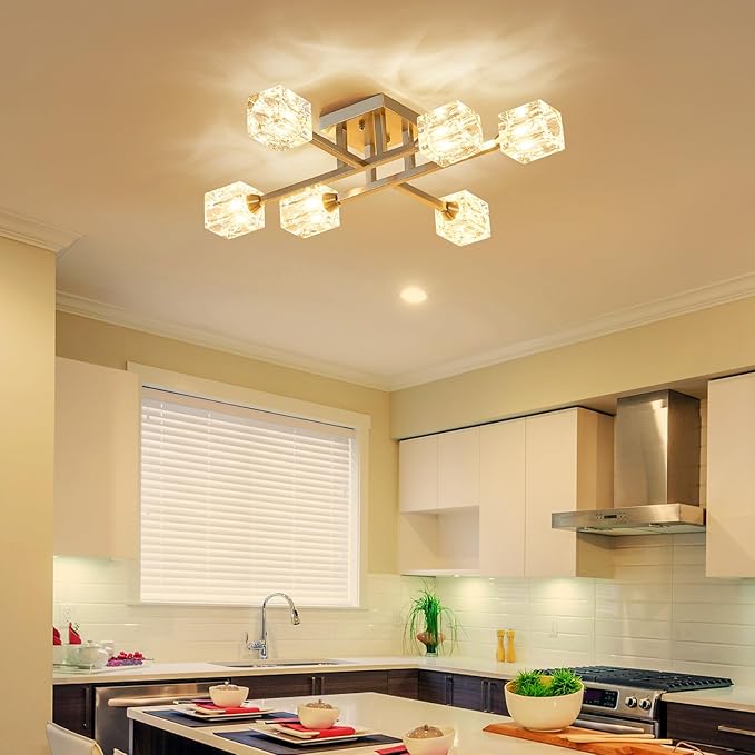 XINGQI Sputnik Light Fixture 6-Lights Semi Flush Mount Ceiling Light, Modern Silver Glass Chandelier Brushed Nickel Lighting for Dining Room Living Room Kitchen Bedroom Entryway