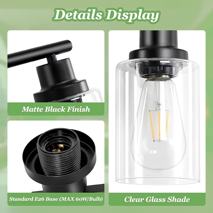 8-Light Black Vanity Lights, Modern Bathroom Light Fixtures with Clear Glass Shade, Wall Lamps for Mirror Kitchen Hallway Cabinet Living Room Sconces Lights - E26