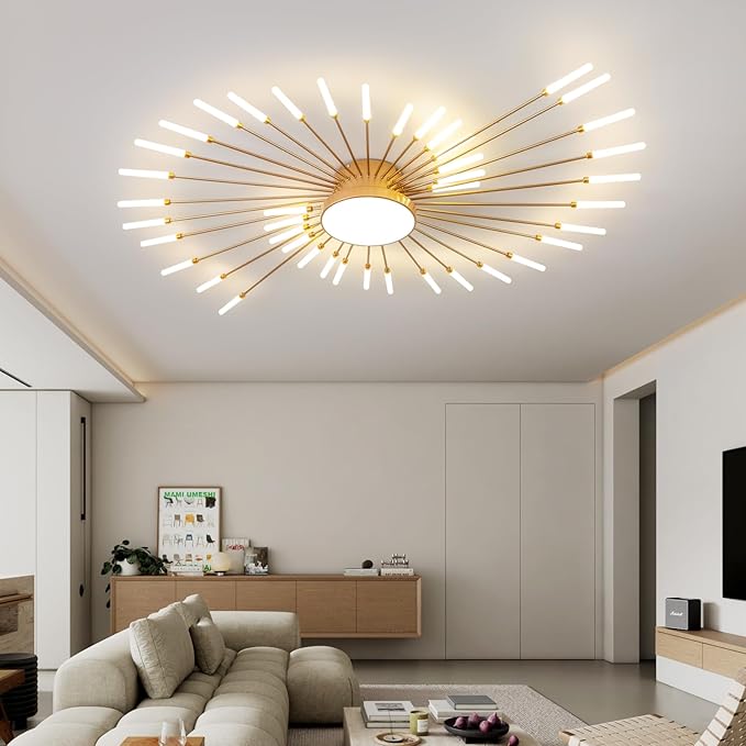ziidoo Modern Ceiling Light, 42+1 Lights Metal Firework Designed Chic Led Lighting Fixture for Farmhouse Kitchen Dining Room Bedroom Hallway Living Room (Gold and Dark Gold)