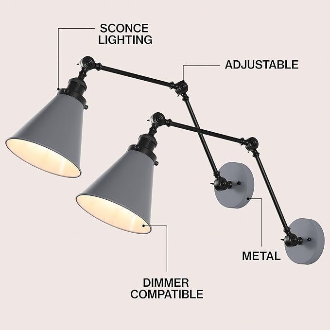 JONATHAN Y 7" Gray/Black Classic Industrial Metal Adjustable Arm LED Wall Sconce for Bedside Reading, Farmhouse Swing Arm Wall Lamp with Metal Shade, Hardwired (JYL7462H-SET2)
