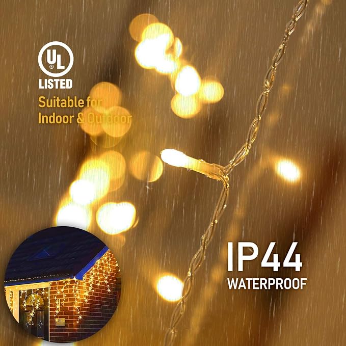 Outdoor Icicle Lights,9.8FT String Lights with Remote Timer, Battery Powered Hanging Window Wall Dripping Ice Light for Outside,Waterproof for House Garden Yard Decor(Warm White)