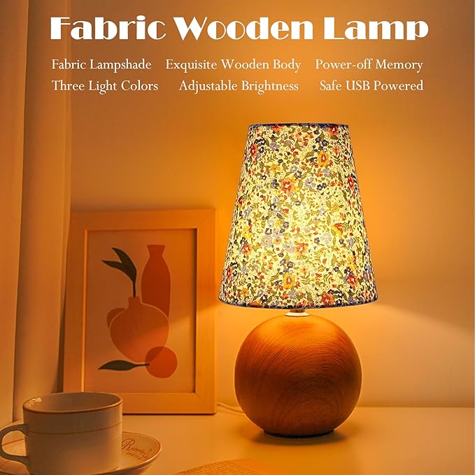 Vintage Wooden Base Fabric Night Lamp, Adjustable Light Color and Brightness with Power-Off Memory, Safe USB Powered, Retro LED Table Light for Bedroom Living Room Office (Floral)