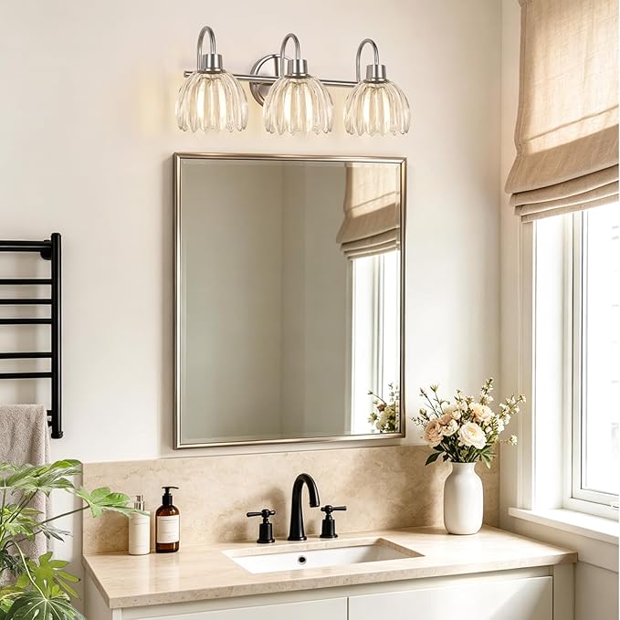 3-Light Bathroom Light Fixtures, 20" Vanity Light Over Mirror with Ribbed Clear Tulip Glass Shades, Brushed Nickel Wall Lights for Bathroom, Bedroom, Living Room, Hallway (Bulb Not Included)