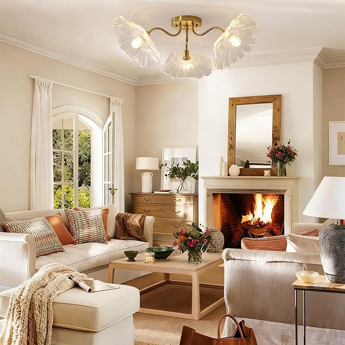 Mid Century Modern Close to Ceiling Light Fixtures Flower Flush Mount Ceiling Lights Glass Chandelier 3-Light Gold Brass Overhead Light Sputnik Ceiling Lighting for Dining Living Room