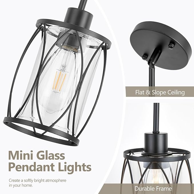 Glass Pendant Lights Kitchen Island Black Pendant Light Fixtures Adjustable Modern Mini Hanging Light with Clear Glass for Sink Dining Room Foyer Entryway Bar, 2 Pack