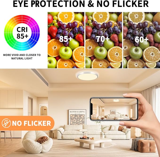LED Flush Mount Ceiling Light Fixture with Remote Control，8 Inch 18W Close to Ceiling Lights for Kitchen,Bedroom,Laundry,Dimmable 3000K-6500K Light Color Adjustable