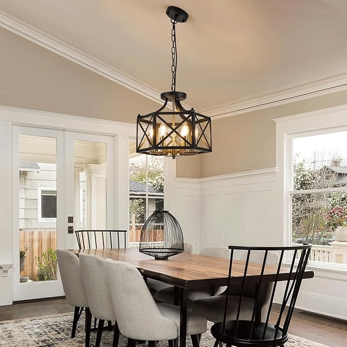 6-Light Black and Brushed Gold Pendant Light, Modern Farmhouse Chandeliers for Dining Room, Adjustable Metal Cage Hanging Light, Vintage Geometric Pendant Lighting for Kitchen Entryway Foyer