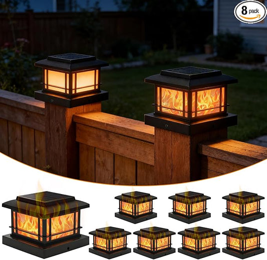 8 Pack 4x4 Post Solar Lights Outdoor with Flickering Flame, Fence Post Solar Lights Fit for 3.5x3.5 4x4 Wooden Vinyl Posts, Waterproof Solar Lights for Deck, Fence, Patio, Yard Decor (Black)