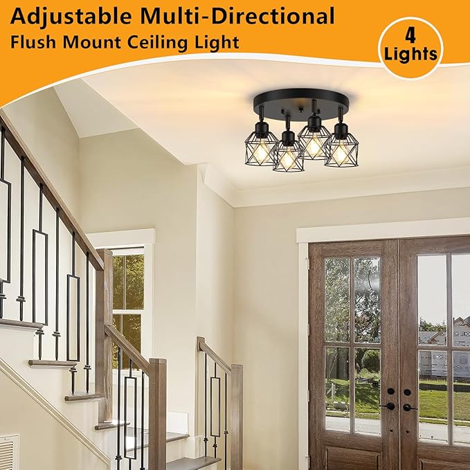 4-Light Kitchen Light Fixtures Ceiling Mount, Adjustable Multi-Directional Black Flush Mount Ceiling Light Fixture, Farmhouse Metal Cage Ceiling Lights for Dining Room Entryway Hallway