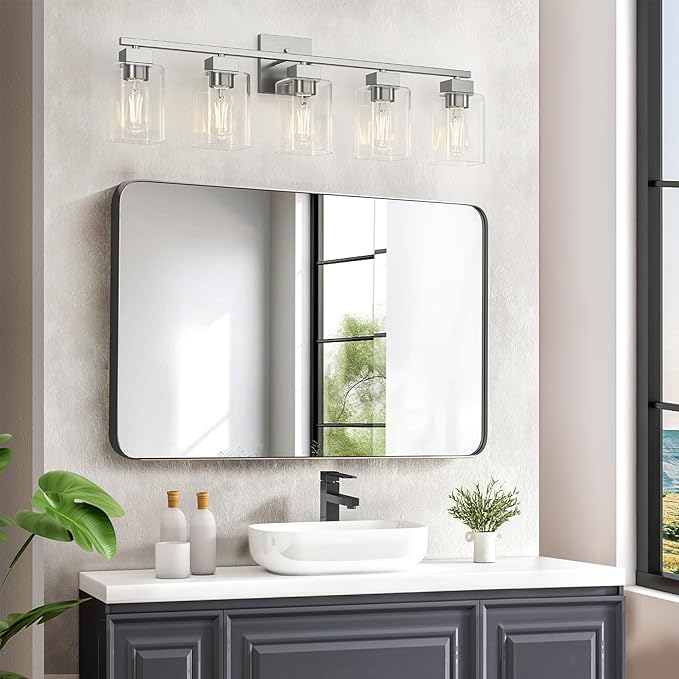 Espird 5 Light Bathroom Vanity Light - Brush Nickel Bathroom Light Fixtures Square Design & UL Certification, 31 Inch Long Light Fixtures Over Mirror for Bedroom & Restroom