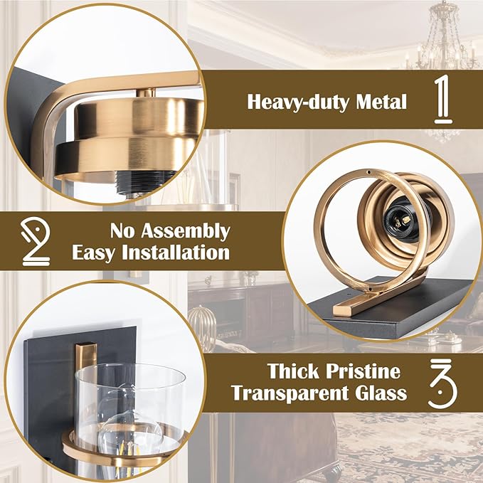 Matte Black and Brass Gold Wall Sconces,Modern Indoor Wall Light for Fireplace,Farmhouse Wall Light Fixture for Bathroom,Hallways,(Bulbs not Included)