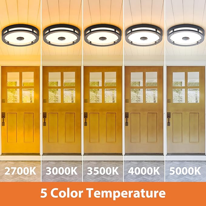 Outdoor Motion Sensor Ceiling Light with Remote,24W Dimmable & 2700K-5000K Adjustable Exterior Flush Mount Ceiling Lights,12" Outdoor Porch Light Fixture for Garage,Entryway,Patio,Black