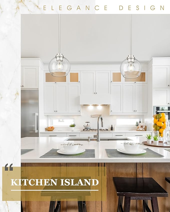 Pendant Lights Kitchen Island, 7" Modern Brushed Nickel Hanging Lights Fixtures with Clear Glass Globe Shade, Kitchen Island Lighting for Bathroom, AD-22280-1P-SN-C