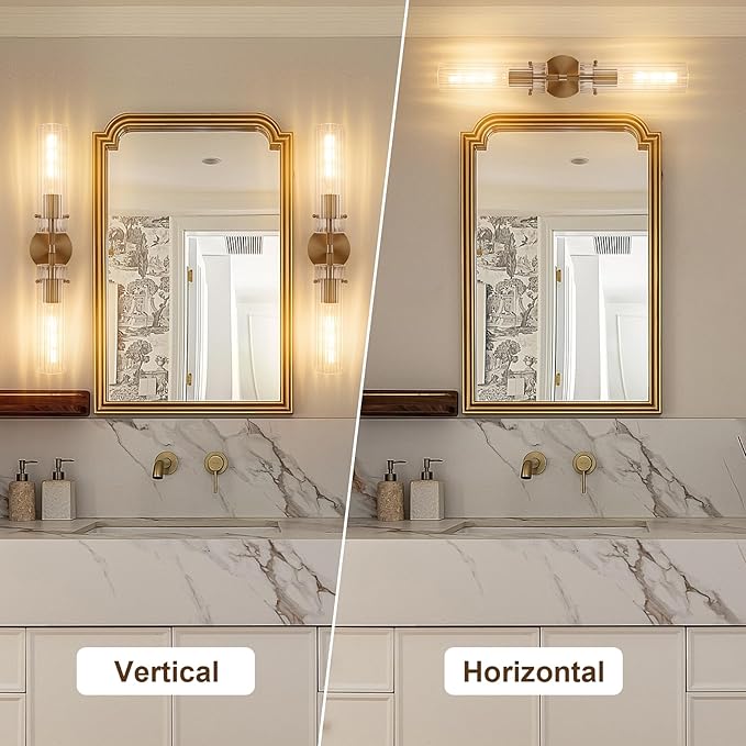 Brass Gold 2-Light Knurled Wall Sconce, Dual-Head Vanity Lamp with Vertical Striped Glass Tube, Bathroom Wall Sconces, Wall Lights for Living Room Bedroom Hallway Kitchen Bathroom Mirror