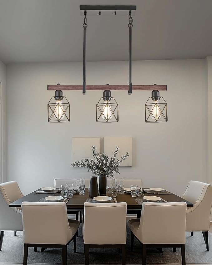 Industrial Pendant Light Fixture, 3-Light Kitchen Island Lighting with Wood Grain Bar and Black Metal Cage, Farmhouse Rustic Hanging Ceiling Lamp for Dining Room, Living Room