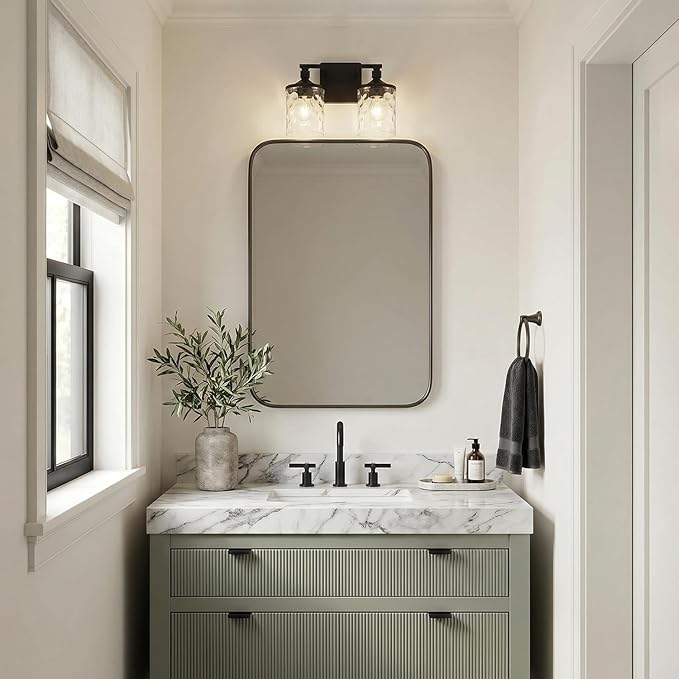 HomePlace Lighting 128821MB-451 Colton Mid-Century Clear Water Glass Bathroom Vanity Wall Light, 2-Light 200 Total Watts, 10" H x 13" W, Matte Black