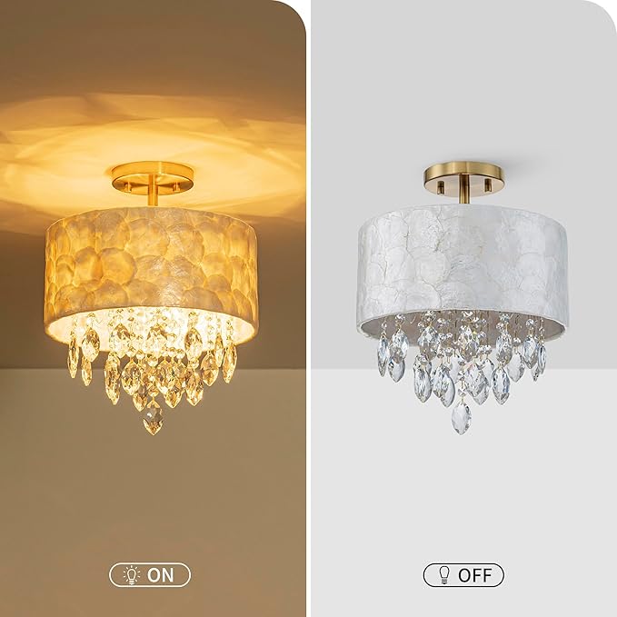 3-Light Capiz Shell Crystal Drum Ceiling Light, Coastal Style Close to Ceiling Light Fixture for Dining Room, Living Room & Bedroom, D12*H14 inch, Clear Crystal & Gold Finish