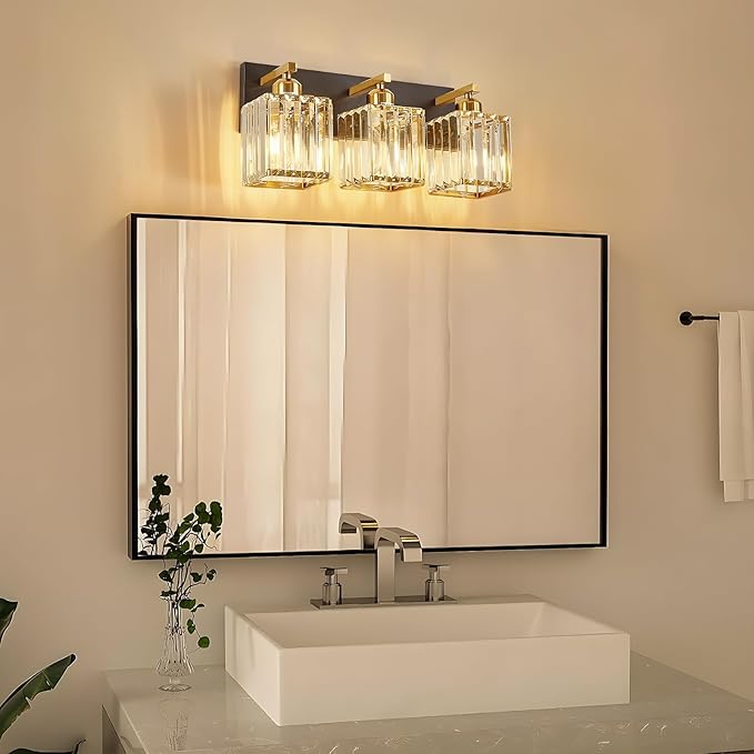 Modern Crystal Bathroom Lights Fixtures Black Gold 3-Lights Bathroom Vanity Lights Over Mirror Brass Vanity Lighting Fixtures Crystal Wall Lighting with Polished Gold Finish
