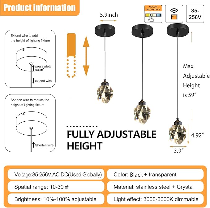 Modern Pendant Lights Kitchen Island, Mini Black Pendant Light, Led Small Crystal Chandelier for Dining Room 3000K-6000k,5W