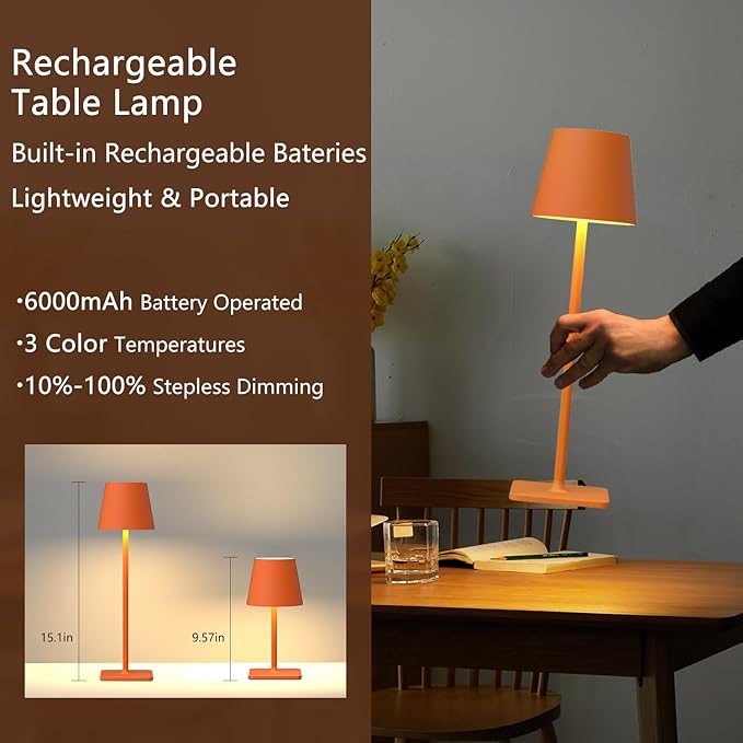 2 Pack Rechargeable Table Lamp - Cordless LED Lamp with 6000mAh Battery Operated LED Desk Lamp, Portable Table Light Outdoor for Dinner Patio Restaurant Bar Bedroom Coffee Shop Night Light(Orange)