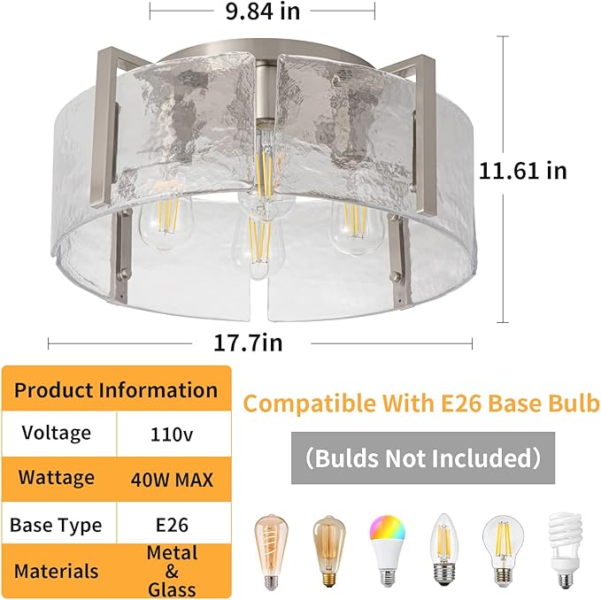Nickel Semi Flush Mount Ceiling Light Fixture, 17.7-Inch Glass Drum Flush Mount Light Modern Foyer Lighting Fixtures Farmhouse Kitchen Lights for Entryway Hallway Bathroom Laundry Room Bedroom