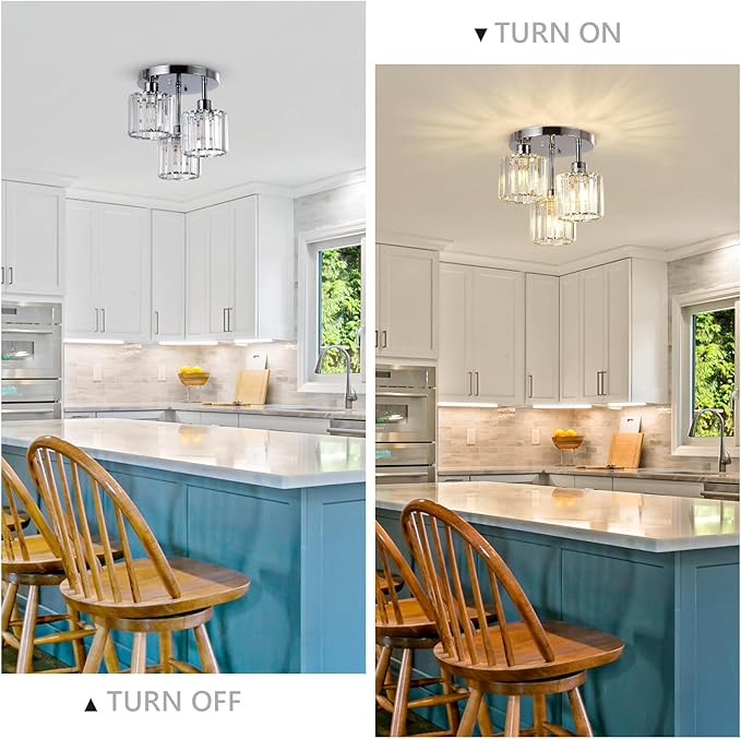 Semi Flush Mount Ceiling Light,3-Light Modern Close to Ceiling Light Fixtures,Kitchen Light with Clear Crystal Shades, Hallway Light Fixtures for Kitchen Entryway Bedroom Bathroom Foyer