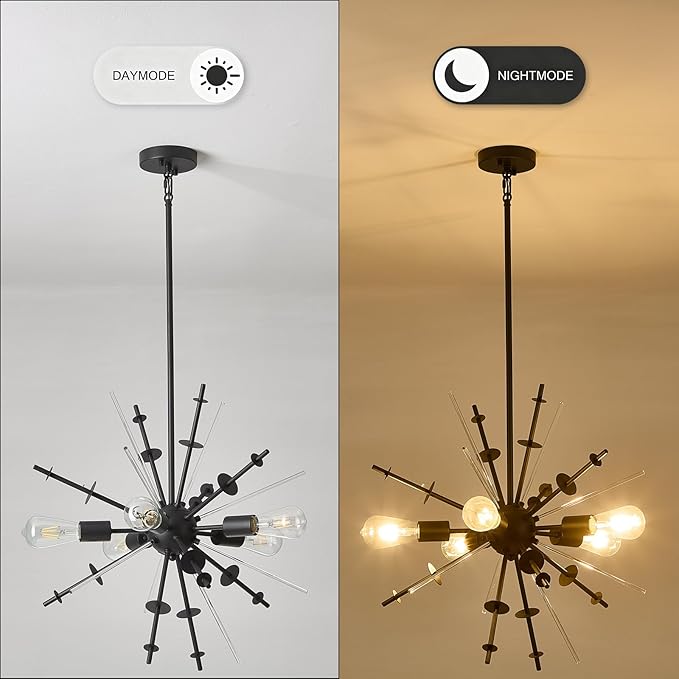 Modern Chandelier Ceiling Light Fixture, 5-Light Mid Century Chandeliers, 23.6" Classic Contemporary Sputnik Chandelier for Dining Room Kitchen Hallway Foyer and Bedroom(Black)