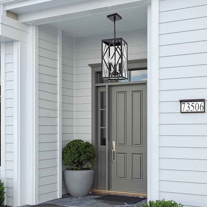 3 Light Black Outdoor Pendant Light Outside Chandelier Lantern, Modern Waterproof Exterior Hanging Light Fixture Ceiling for Front Porch Entryway Yard Patio (Bulb NOT Included)