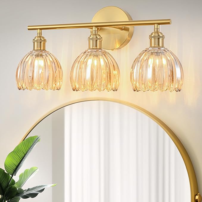 Gold Bathroom Light Fixtures Over Mirror, 3 Light Bathroom Vanity Light Fixture with Tulip Amber Glass Lampshade, Vintage Vanity Lights for Bathroom, Bathroom Vanity Lights Over Mirror