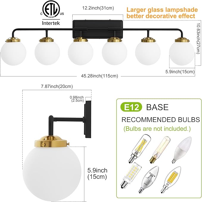 Black Gold Bathroom Light Fixtures Over Mirror, Modern Vanity Lighting with Milk White Glass Globe Shades 6-Light Farmhouse Wall Sconce