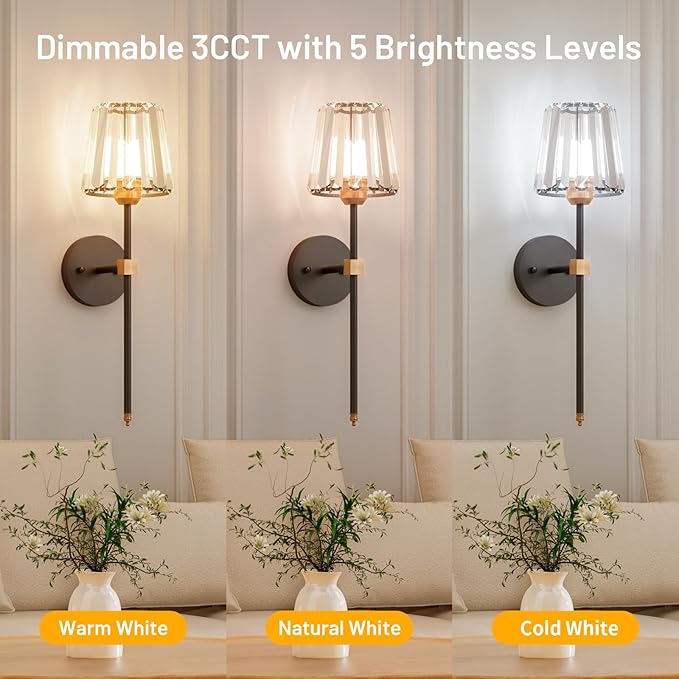 Crystal Battery Operated Wall Sconces Set of 2, Black and Gold Rechargeable Wireless Wall Lights with Crystal Lampshade, 12 RGB and 3CCT Dimmable Wall Lamps with Remote for Bedroom Living Room Hallway