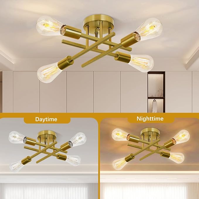 Ceiling Light, Dining Room Light Fixture with E26 Base, Semi Flush Mount Ceiling Light Fixture, Kitchen Lighting Fixtures Ceiling, 4-Light Matte Gold Chandelier for Bedroom