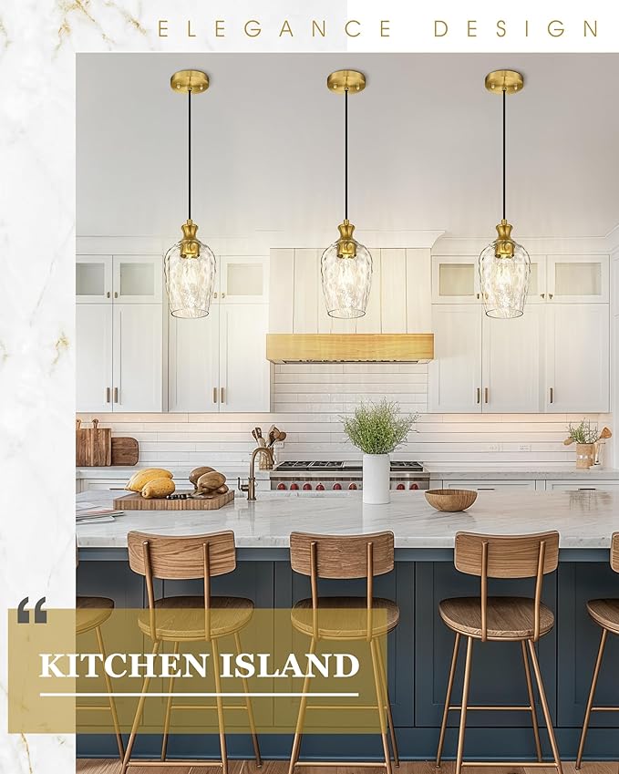 Gold Pendant Lights Kitchen Island, Modern Hanging Lights Fixtures with Hand-Blown Hammered Clear Glass, Farmhouse Brass Kitchen Island Lighting Over Sink, AD-24027-1P-GD