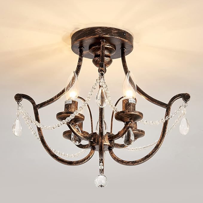 UOFUS Vintage Semi Flush Mount Crystal Chandelier Oil Rubbed Bronze 4-Light Small Metal Ceiling Light Fixture Farmhouse Ceiling Lamp for Foyer Kitchen Entryway Hallway Bathroom Bedroom Dining Room