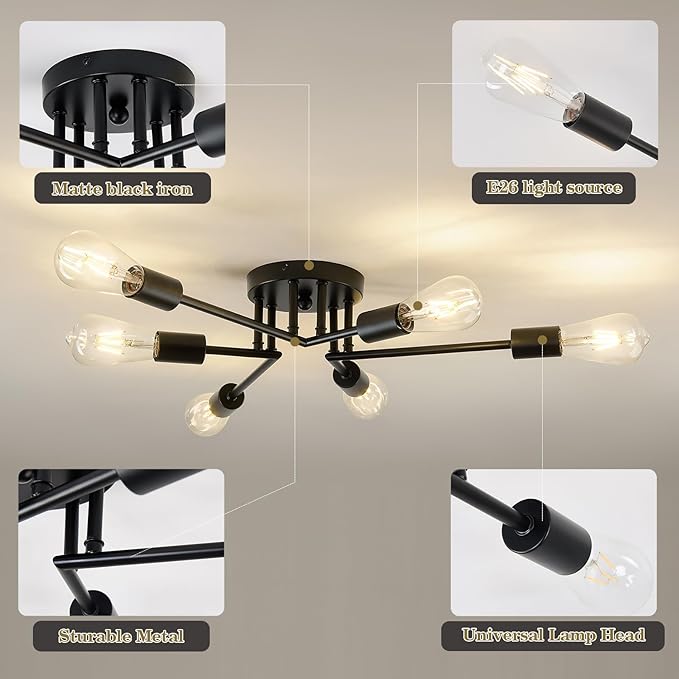 ASGYISA 6-Lights Semi Flush Mount Ceiling Light Fixture Modern Metal Black Sputnik Chandeliers with E26 Bulb Base Close to Ceiling Light for Kitchen Dining Room Living Room Hallway Bedroom