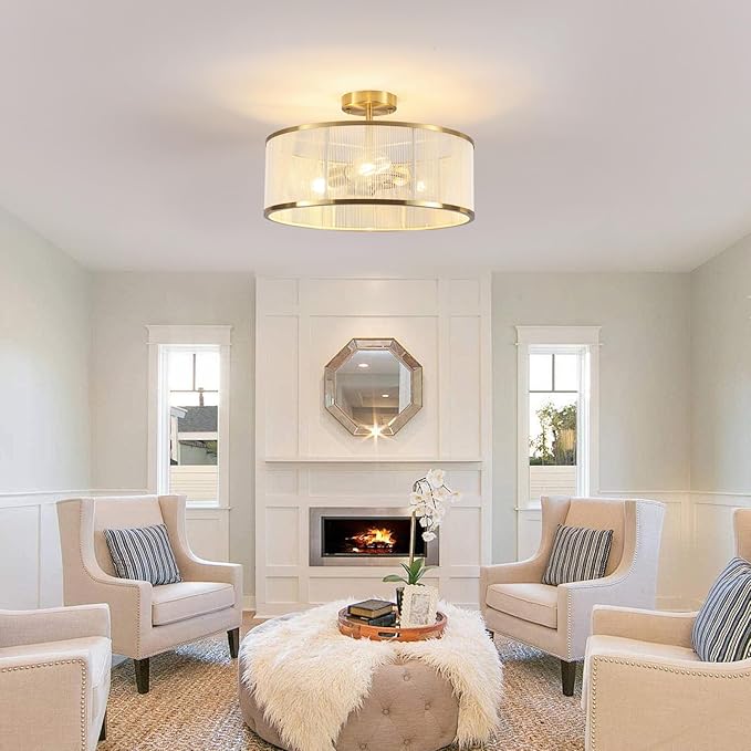 17.3" Boho Gold Semi Flush Mount Ceiling Light Modern Fixtures Ceiling Mount with Hand-Woven Rope Shade 3-Light Drum Lighting Fixtures Close to Ceiling Light for Bedroom Living Room Hallway Kitchen