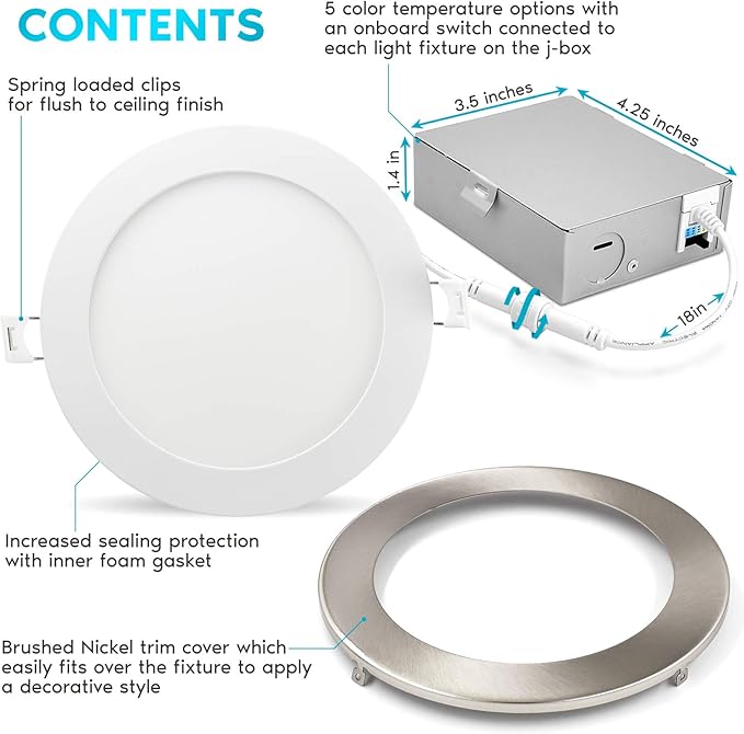 LUXRITE 6 Inch Ultra Thin LED Recessed Light with J-Box, 12W, 5 Color Options 2700K | 3000K | 3500K | 4000K | 5000K, Dimmable Wafer Light, 1000 Lumens, Brushed Nickel, Energy Star, IC Rated