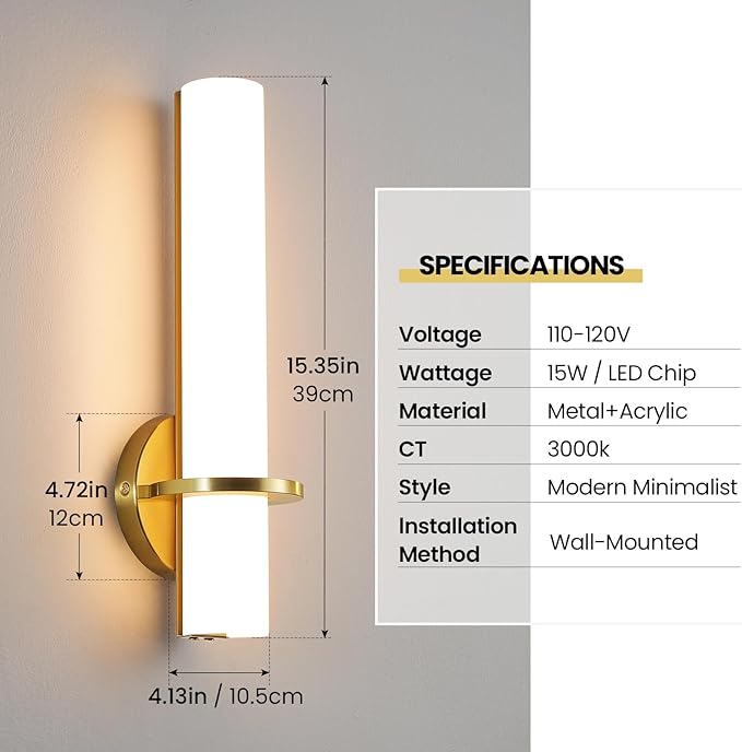 AIJIASI Wall Sconces - 15 inch Gold Wall Sconces Set of Two Modern Bathroom Sconce 15W Dimmable LED Wall Sconce Light with Acrylic Lampshade, Bathroom Vanity Light for Mirror Living Room Hallway 3000K