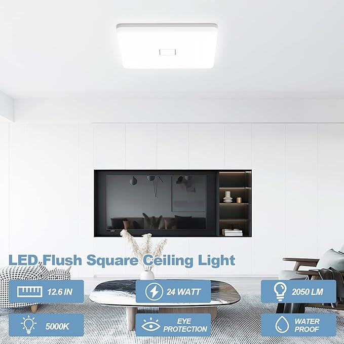 Airand LED Flush Mount Ceiling Light, 2PACK 24W 2050LM Square Ceiling Lights 5000K Daylight 12.6in LED Light Fixture IP44 Waterproof Ceiling Lights for Bedroom Kitchen Hallway Balcony Living Room