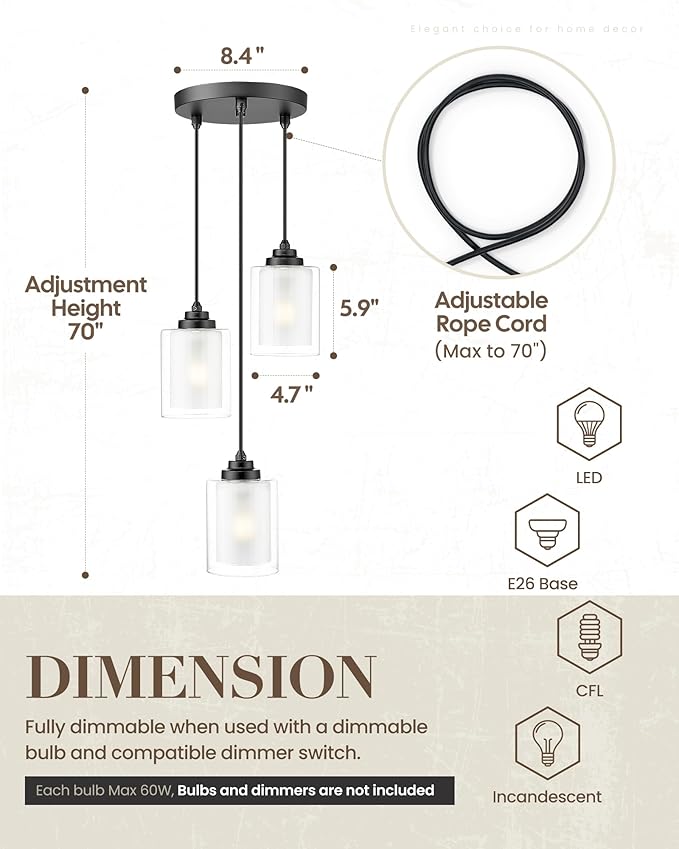 TENGXIN 3 Light Pendant Light,Matte Black Modern Pendant Light for Kitchen Island,Hanging Light with Dual Glass Shade,Farmhouse Pendant Lights for Dining Room,Bedroom,TXPLBK04