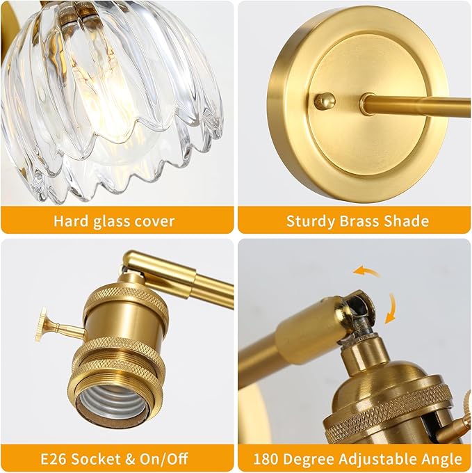 Tulip Glass Lampshade 180 Degree Adjustable Brass Sconces Hradwired Modern Wall Lighting Fixture with Switch for Bedside Bedroom Doorway