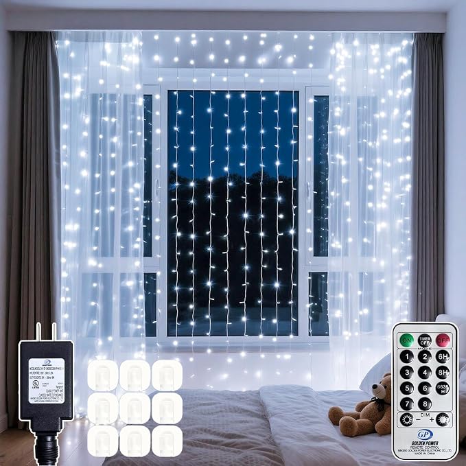 300 LED Cool White Curtain String Lights 9.8x9.8FT Plug in Fairy Lights with 9 Hooks Dimmable Timer & 8 Modes IP44 Waterproof Bedroom Office Wall Wedding Backdrop Christmas Indoor Outdoor Decor