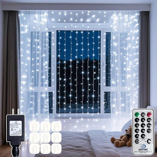 300 LED Cool White Curtain String Lights 9.8x9.8FT Plug in Fairy Lights with 9 Hooks Dimmable Timer & 8 Modes IP44 Waterproof Bedroom Office Wall Wedding Backdrop Christmas Indoor Outdoor Decor